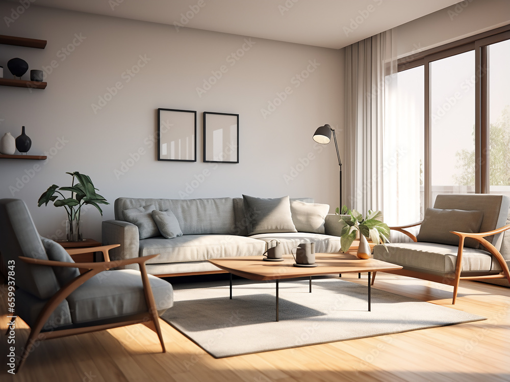 Fototapeta premium Minimalist appartment Clean lines, stylish furniture. AI Generation.
