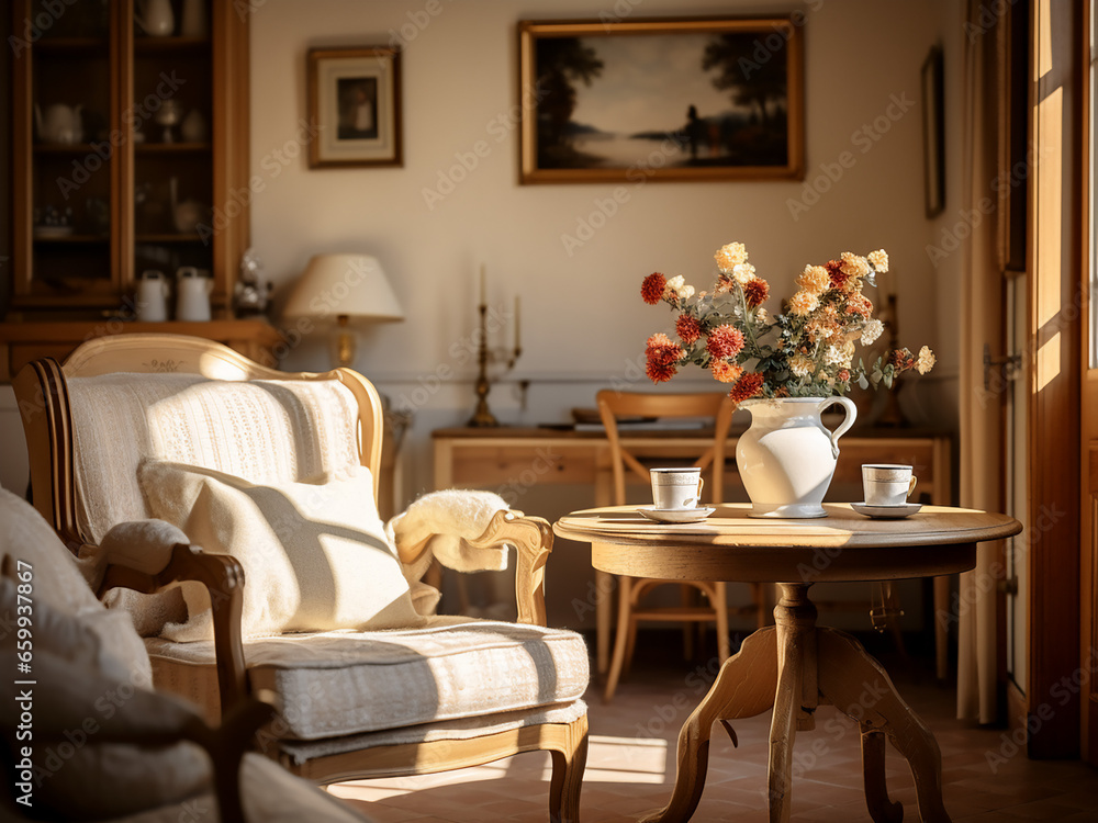Charming Appartment Provence with rustic furniture. AI Generation.