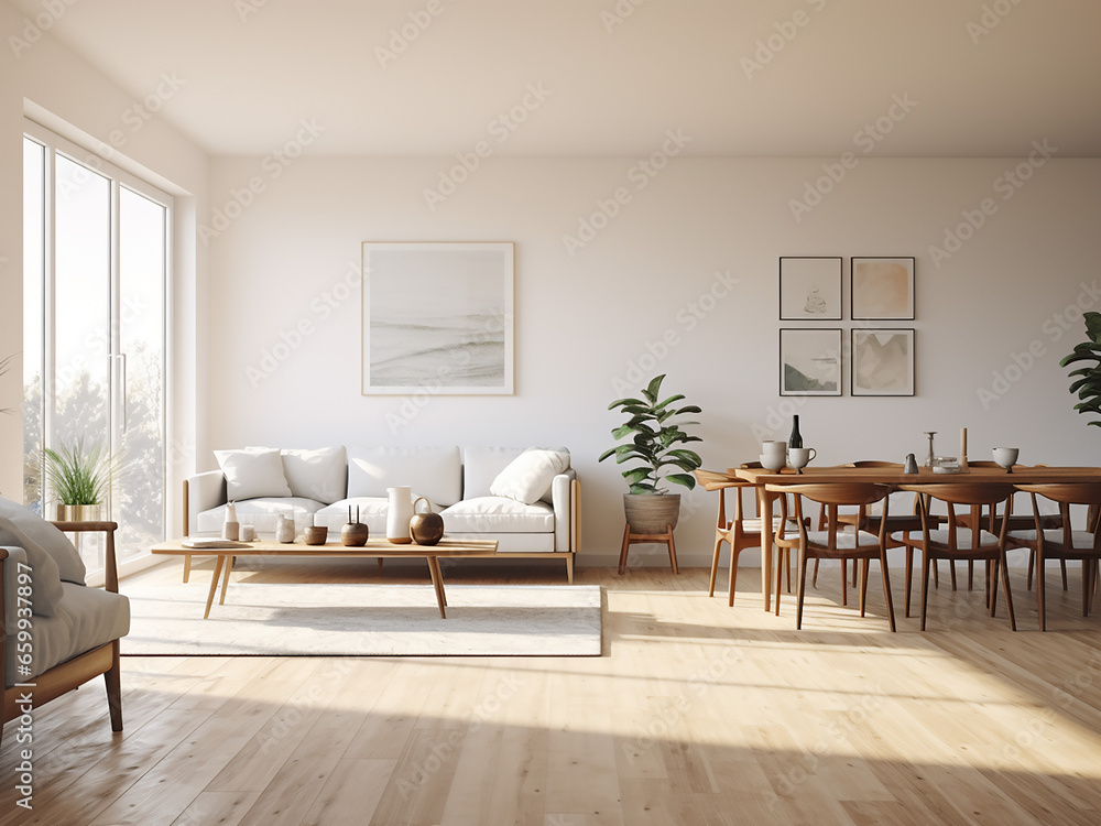 Fototapeta premium A serene apartment with white walls and a beautifully designed interior. AI Generation.