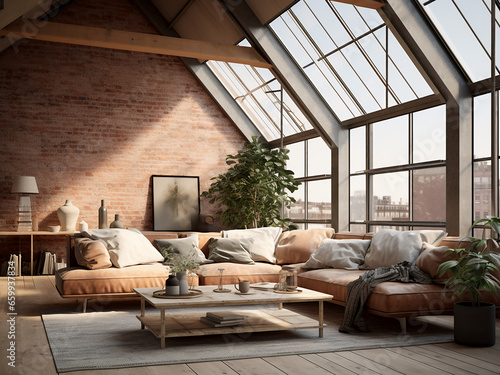 An inviting apartment loft featuring tasteful room decor and cozy furniture. AI Generation.
