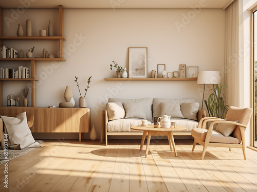 Light wood apartment interior with modern furniture. AI Generation. © Llama-World-studio