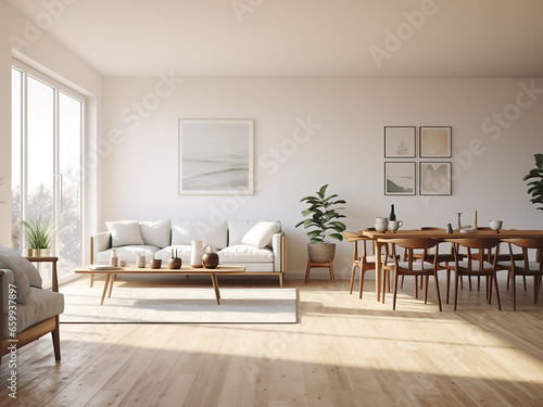 A serene apartment with white walls and a beautifully designed interior. AI Generation.