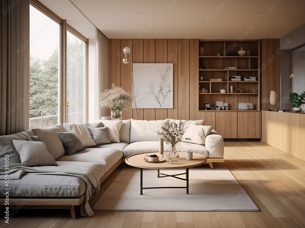 Fototapeta premium Wooden apartment featuring elegant furniture and modern design. AI Generation.