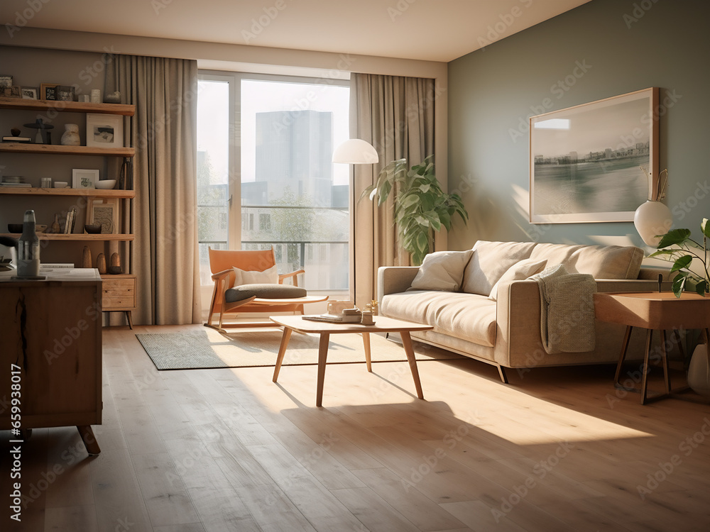 Fototapeta premium A minimalist apartment adorned with chic furniture. AI Generation.