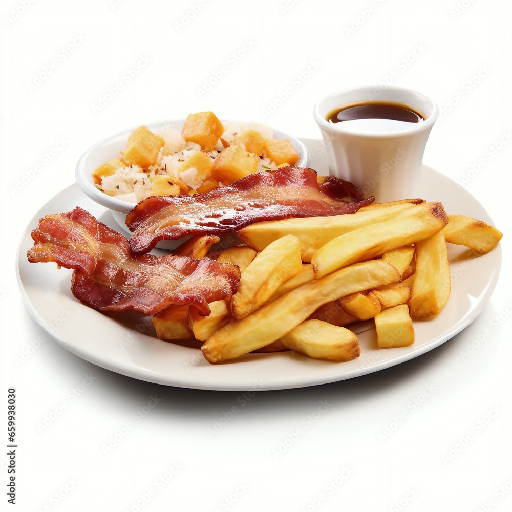 Breakfast Menu: Bacon, Tomato, and Chips on Plate Breakfast Menu: Bacon, Tomato, and Chips on Plate