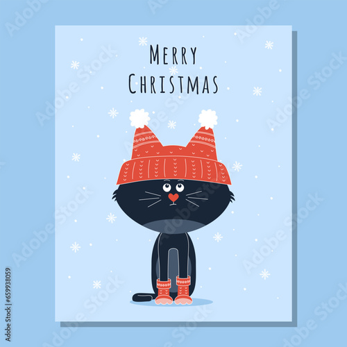 A Christmas card with a picture of a dark cat in a red cap and red socks. Vector illustration. Hand draw, cartoon.