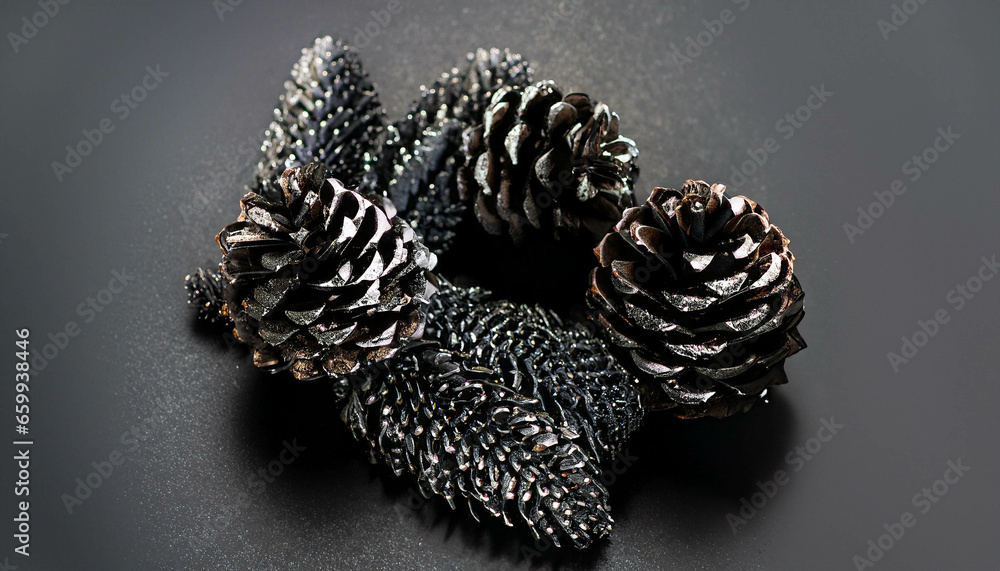 Black elegant christmas decor: pine cones and spruce braches on empty dark gray surface Black elegant christmas decor: pine cones and spruce braches on empty dark gray surface
