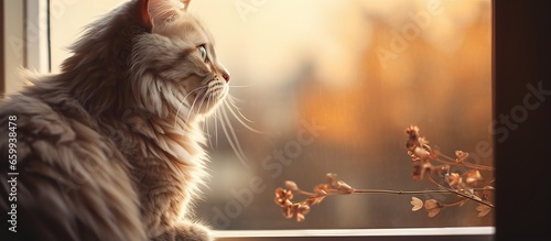 Cat perched on windowsill gazing out photo