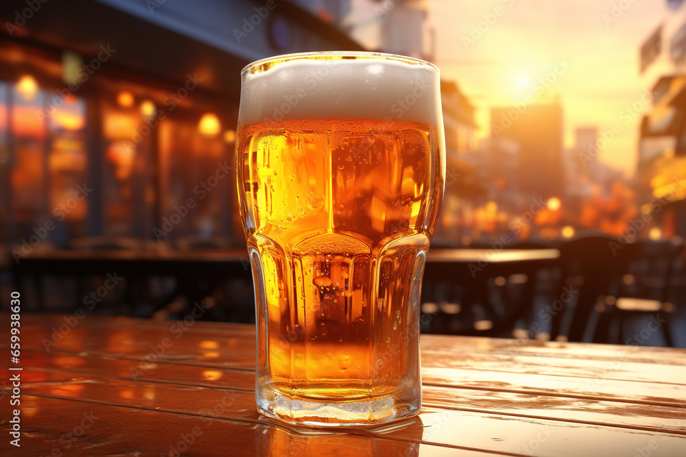 Glass of light foamy beer on table of a street cafe on a sunny evening, close-up of an alcoholic drink Glass of light foamy beer on table of a street cafe on a sunny evening, close-up of an alcoholic drink