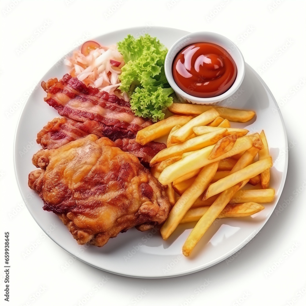 Breakfast Menu: Bacon, Fried Egg, and Bread on Plate Breakfast Menu: Bacon, Fried Egg, and Bread on Plate