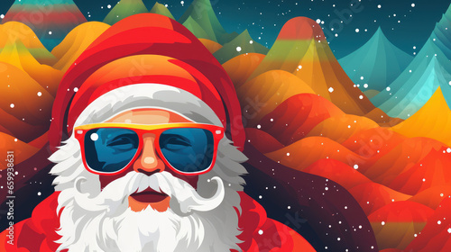 Santa Claus in red coat and sunglasses on the background of mountains. Ai generative.