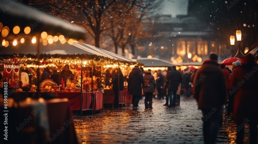 View on romantic, beautiful and cozy square with market, holiday-fair on Christmas Eve with happy people who enjoying purchases in evening. Winter vacation.
