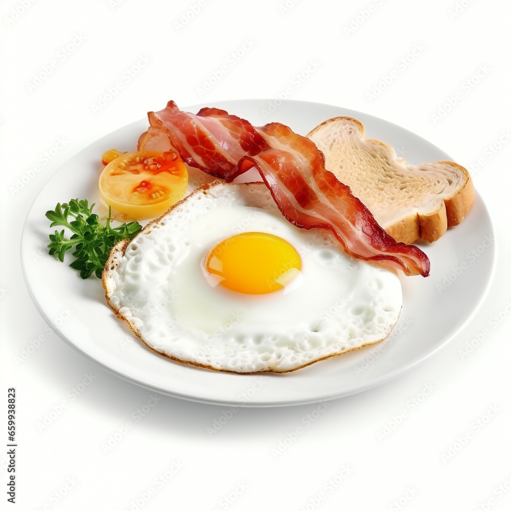 Breakfast Menu: Bacon, Fried Egg, and Bread on Plate Breakfast Menu: Bacon, Fried Egg, and Bread on Plate