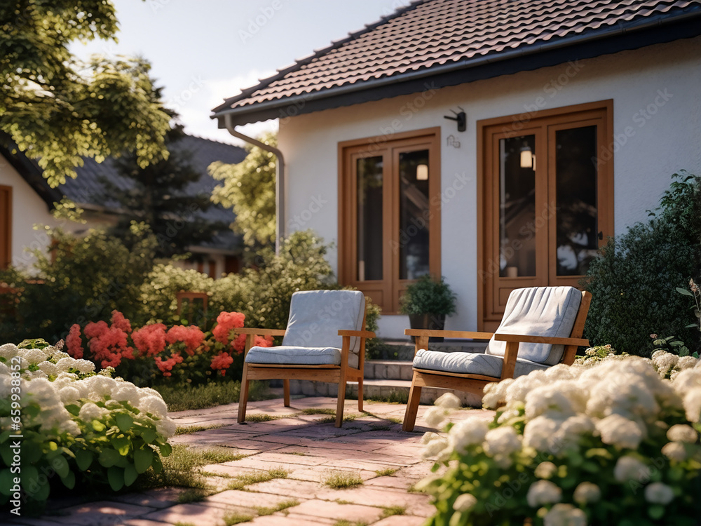 Timeless elegance in a classic backyard exterior, a tranquil place. AI Generation.