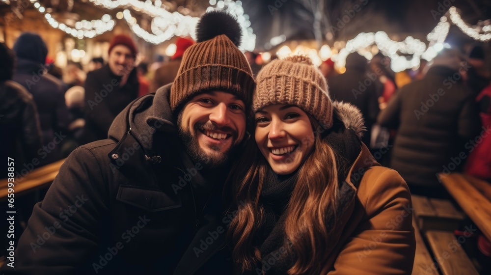 Portrait of happy young couple, woman and man smiling against backdrop of Christmas fair lights enjoying Christmas Eve at crowdy holiday-fair. Winter wonderland.