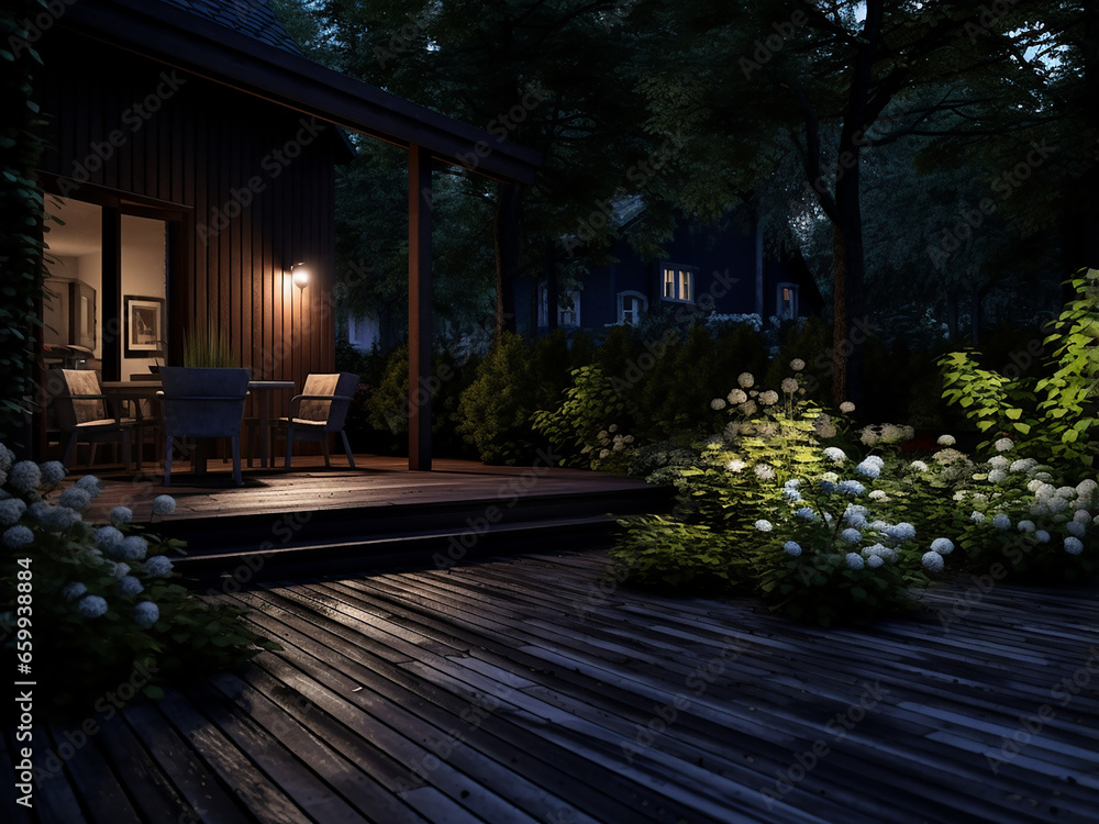 A cozy dark wood backyard exterior, AI Generation.