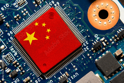 Flag of China on a processor, CPU Central processing Unit or GPU microchip on a motherboard