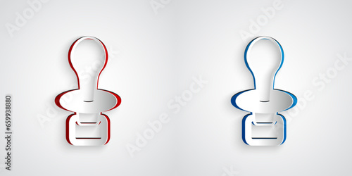 Paper cut Baby dummy pacifier icon isolated on grey background. Toy of a child. Paper art style. Vector