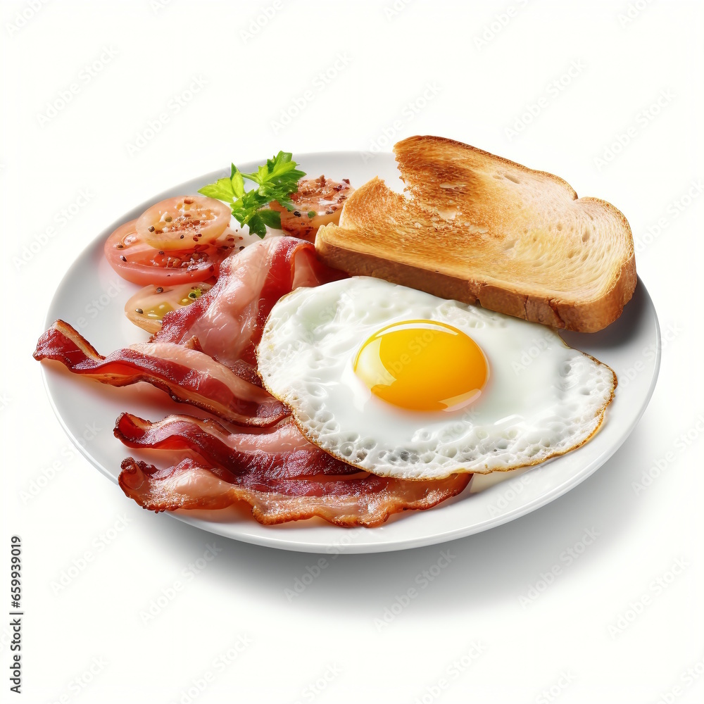Breakfast Menu: Bacon, Fried Egg, and Bread on Plate Breakfast Menu: Bacon, Fried Egg, and Bread on Plate