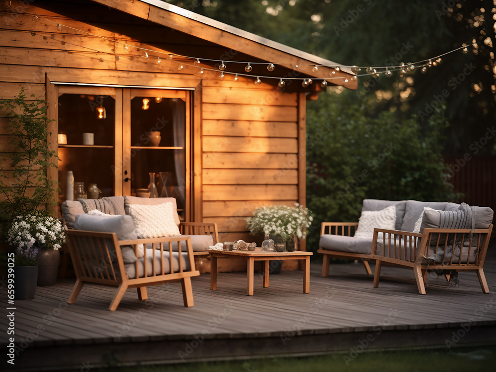 A refreshing light wood backyard exterior showcasing elegant home design. AI Generation.