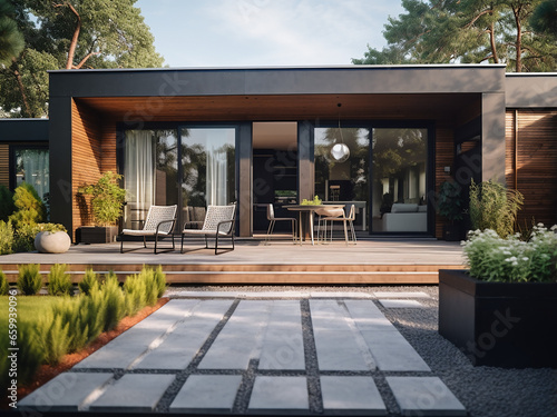 Sophistication meets nature in this modern backyard exterior. AI Generation. © Llama-World-studio