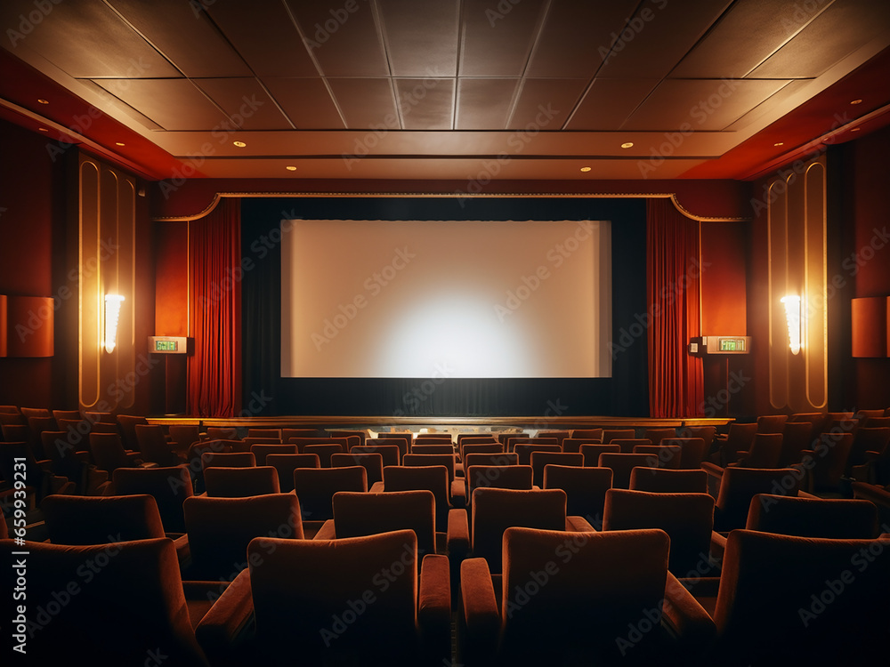 Fototapeta premium Cozy beige cinema room with elegant furniture, interior design. AI Generation.