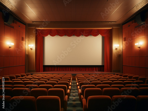 Beige cinema room featuring stylish furniture, room interior. AI Generation.