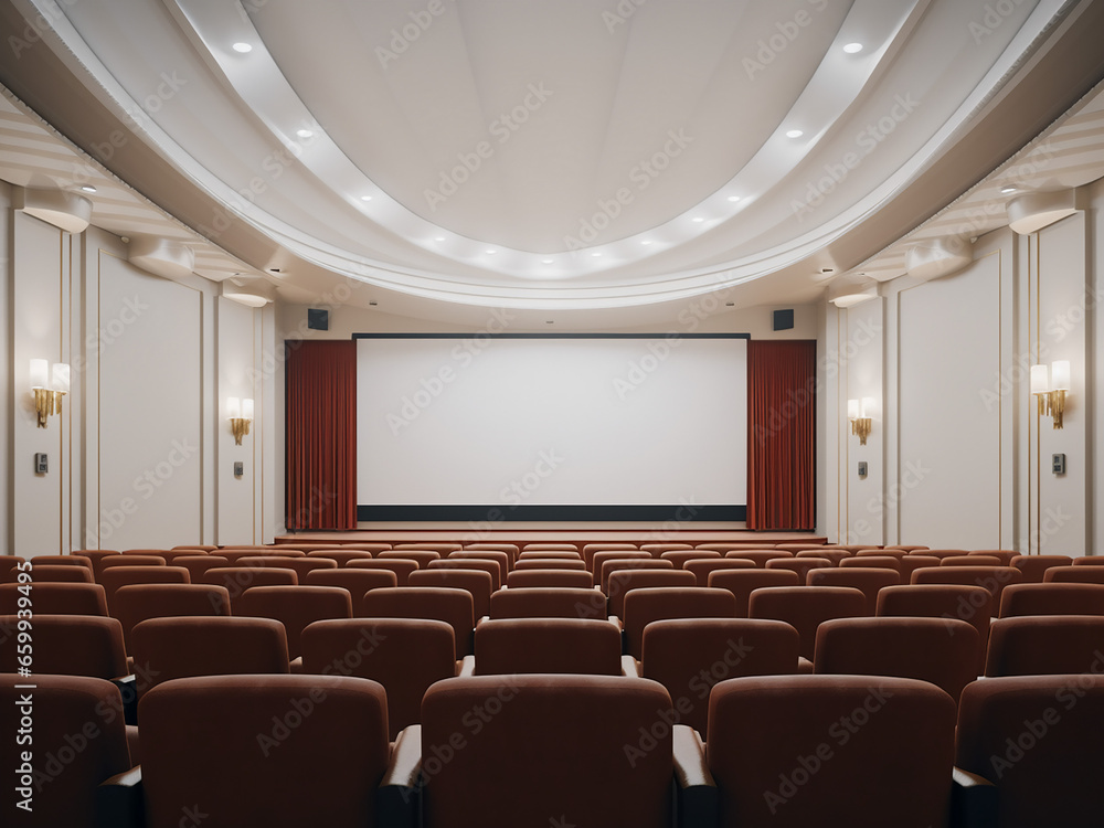 A pristine white cinema room featuring minimalist decor. AI Generation.