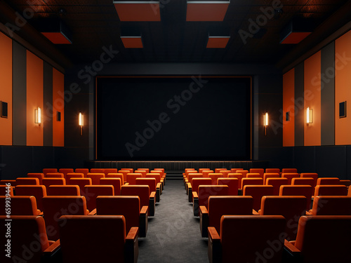 Sleek furniture and minimalist interior make this a cinema room to admire. AI Generation.