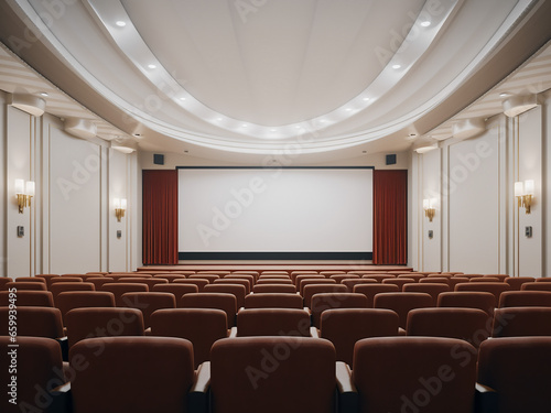 A pristine white cinema room featuring minimalist decor. AI Generation.