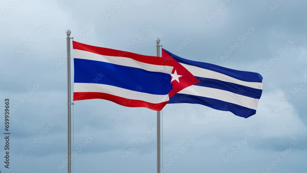 Cuba and Thailand flag waving together on cloudy sky, endless seamless loop, two country cooperation concept Cuba and Thailand flag waving together on cloudy sky, endless seamless loop, two country cooperation concept