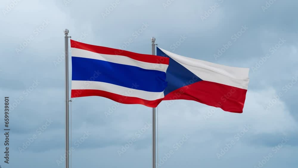 Czech Republic flag and Thailand flag waving together on cloudy sky, endless seamless loop, two country relations concept Czech Republic flag and Thailand flag waving together on cloudy sky, endless seamless loop, two country relations concept