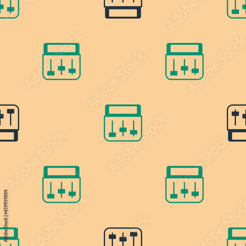 Green and black Drum machine music producer equipment icon isolated seamless pattern on beige background. Vector