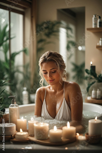 Beautiful woman takes a candlelit bath in a stylish bathroom. Spa, relax, rest, care concepts