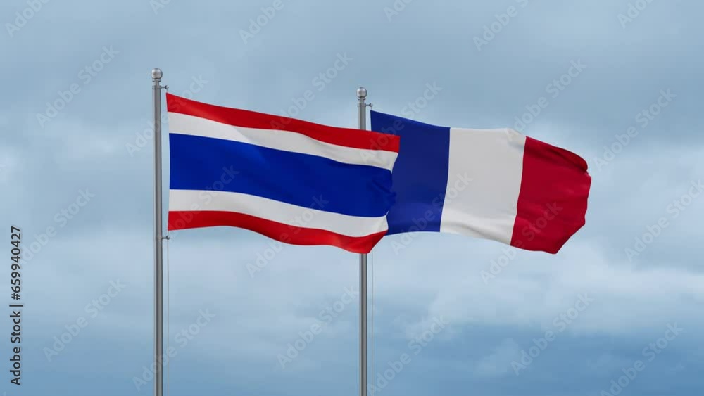 France and Thailand flags waving together on cloudy sky, endless seamless loop, two country relations concept France and Thailand flags waving together on cloudy sky, endless seamless loop, two country relations concept