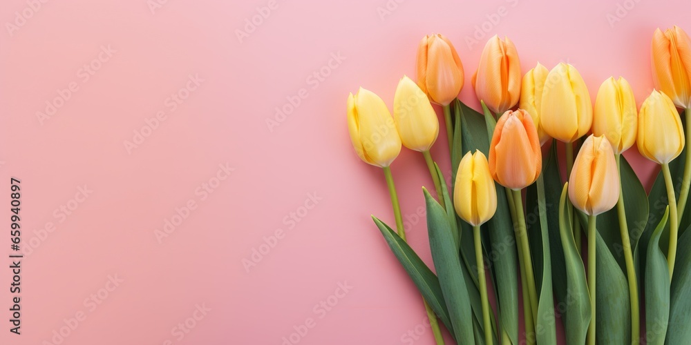 Cherish the beauty of spring with a luminous flat lay featuring a bouquet of vibrant tulips, expertly arranged with ample empty space to allow for personalized text or additional creative elements. Cherish the beauty of spring with a luminous flat lay featuring a bouquet of vibrant tulips, expertly arranged with ample empty space to allow for personalized text or additional creative elements.
