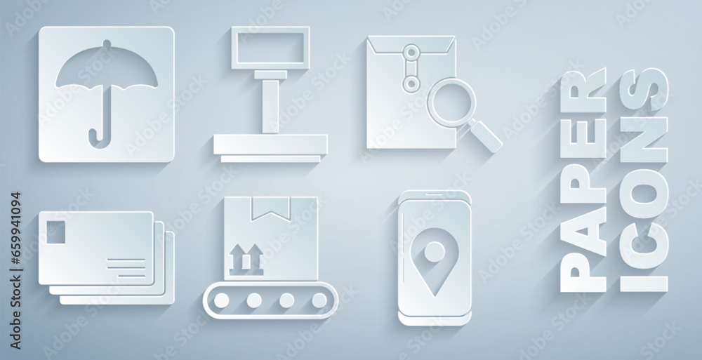 Set Conveyor belt with cardboard box, Envelope magnifying glass, Mobile app delivery tracking, Scale and Umbrella icon. Vector Set Conveyor belt with cardboard box, Envelope magnifying glass, Mobile app delivery tracking, Scale and Umbrella icon. Vector