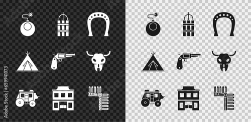 Set Bomb ready to explode, Detonate dynamite bomb stick, Horseshoe, Western stagecoach, Wild west saloon, Indian headdress with feathers, teepee wigwam and Revolver gun icon. Vector