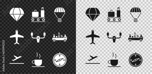 Set Parachute, Airport conveyor belt with suitcase, Box flying parachute, Plane takeoff, Coffee cup, Compass, and Aircraft steering helm icon. Vector