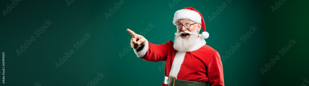 Naklejka premium Santa Claus smiling pointing copy space, green background, Christmas banner