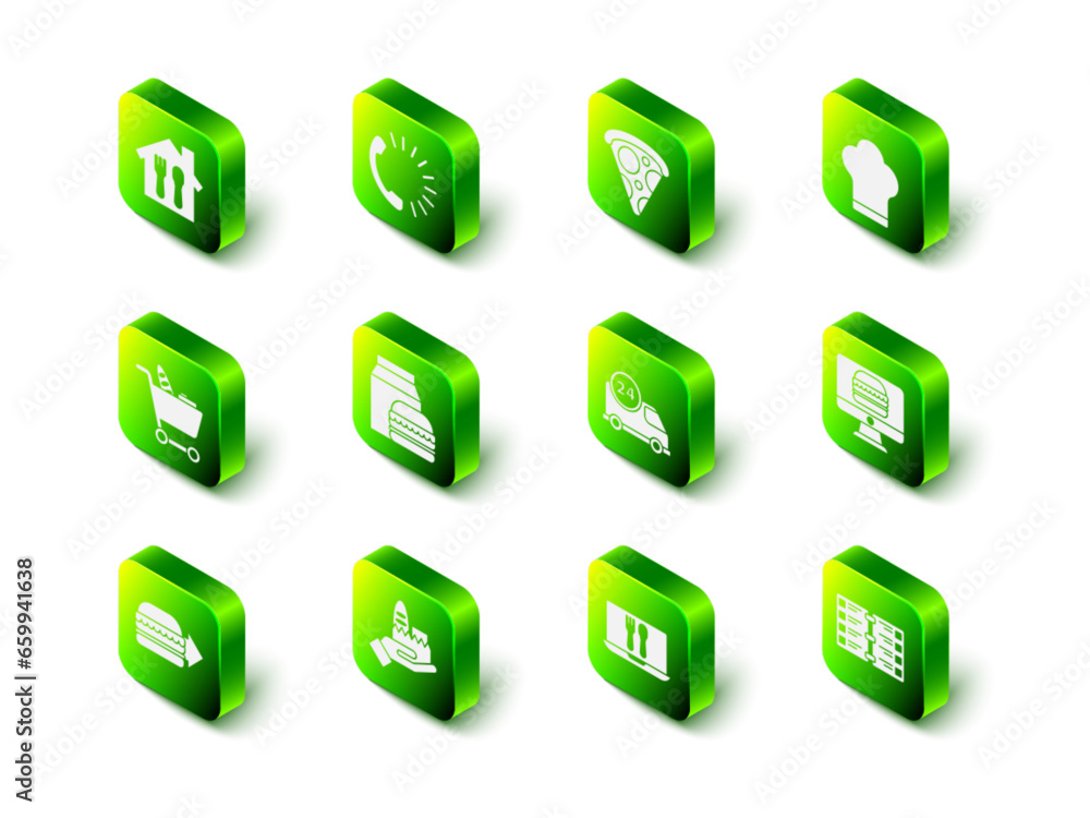 Set Food ordering, Slice of pizza, Chef hat, Online and delivery, Restaurant cafe menu, Fast by car, and icon. Vector Set Food ordering, Slice of pizza, Chef hat, Online and delivery, Restaurant cafe menu, Fast by car, and icon. Vector