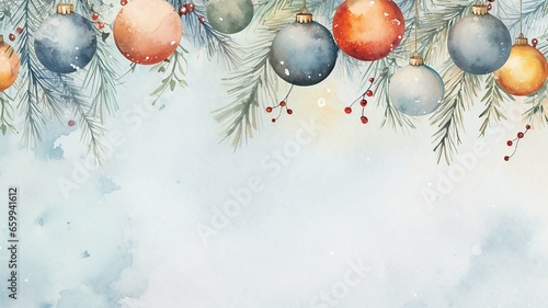 Watercolor Christmas horizontal pattern with hand-drawn toys, fir branches, gifts. Illustration for the New Year holiday.