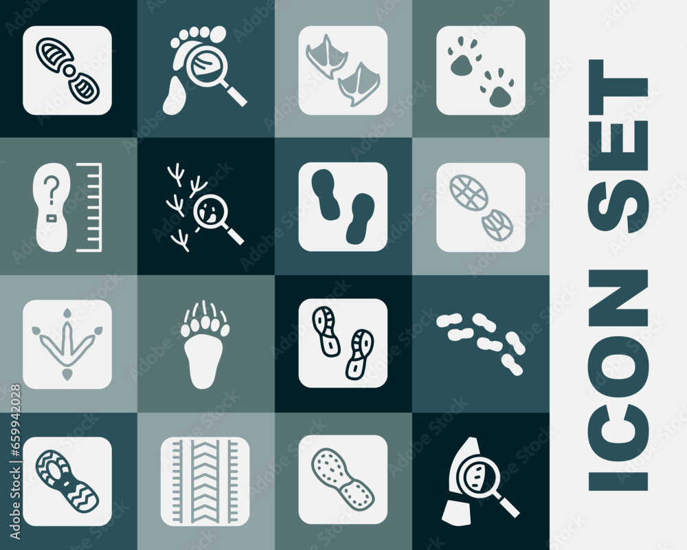 Set Magnifying glass with footsteps, Human footprints shoes, Seagull paw, Bird, Square measure size, and icon. Vector