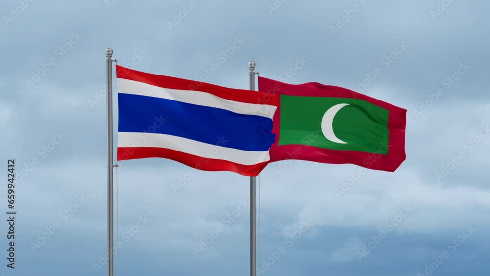Maldives flag and Thailand flag waving together on cloudy sky, endless seamless loop, two country relations concept Maldives flag and Thailand flag waving together on cloudy sky, endless seamless loop, two country relations concept
