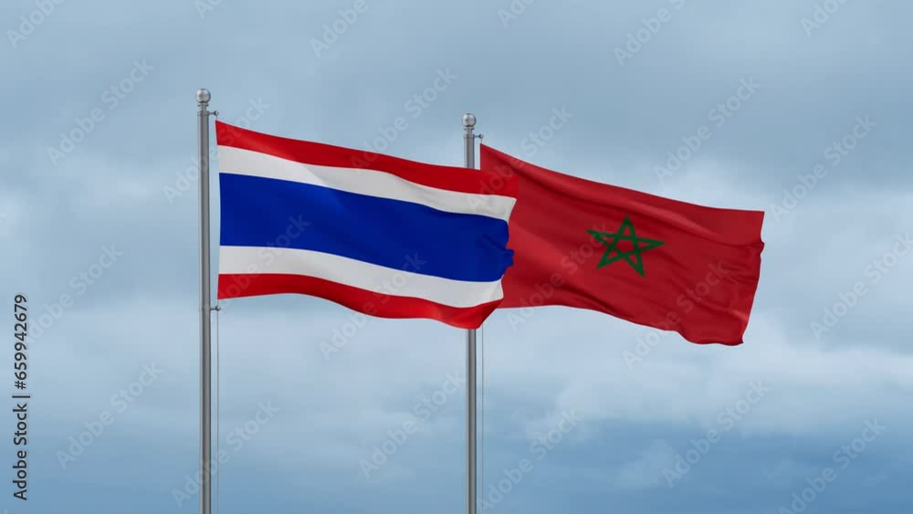 Morocco flag and Thailand flag waving together on cloudy sky, endless seamless loop, two country relations concept Morocco flag and Thailand flag waving together on cloudy sky, endless seamless loop, two country relations concept