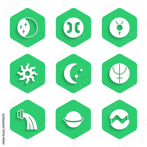 Set Moon and stars, Planet Saturn, Neptune planet, Aquarius zodiac, Sun, Symbol Mercury and Eclipse of the sun icon. Vector