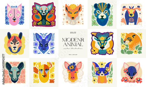 Floral and animal abstract elements. Botanical composition. Modern trendy Matisse minimal style. Kids, Child, Floral poster, invite. Vector arrangements for greeting card or invitation design.