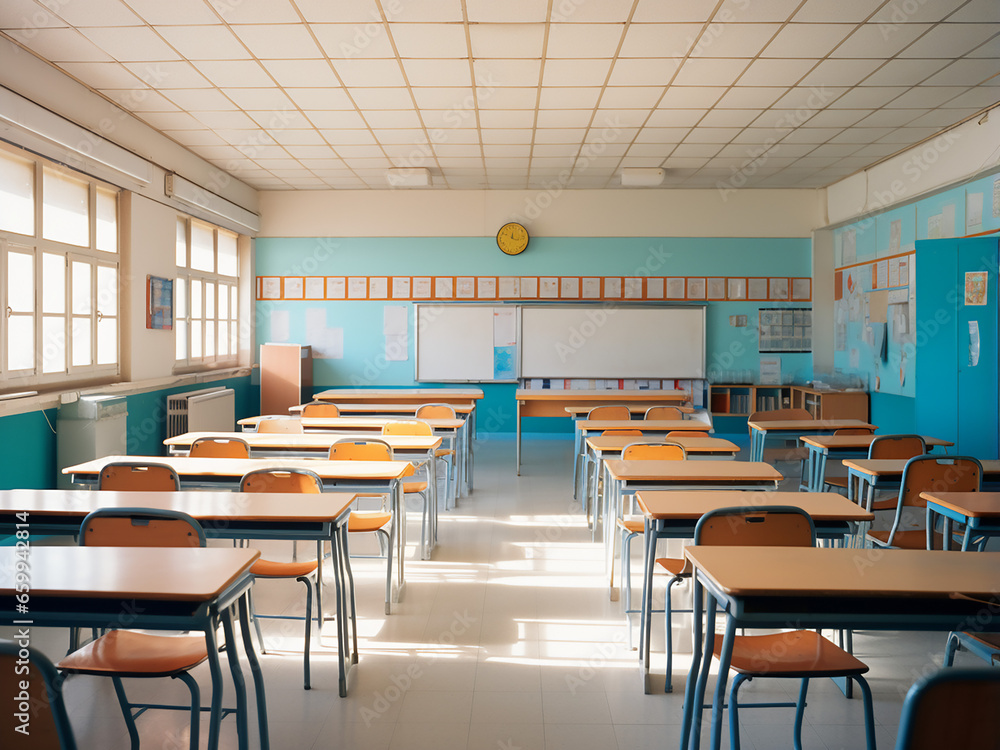 A calm and inviting blue classroom. AI Generation.