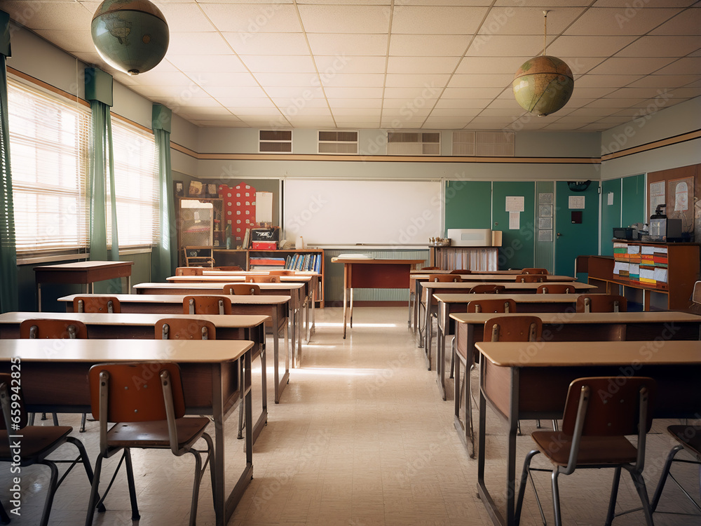 A classic classroom with wooden furniture. AI Generation. A classic classroom with wooden furniture. AI Generation.