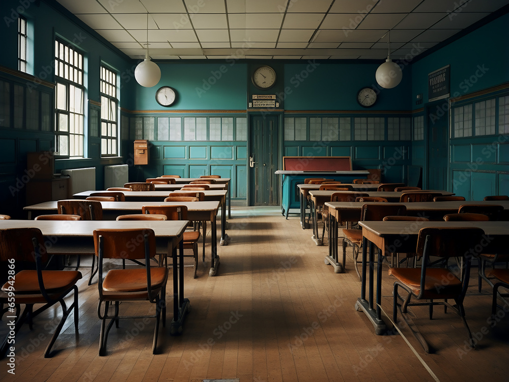 A warm, inviting dark wood classroom with cozy furniture. AI Generation.